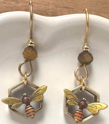 Silver Forest Bee in Honeycomb Earrings