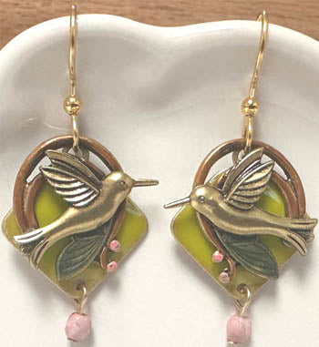 Silver Forest Hummingbird on Green Diamond Earrings