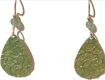 Silver Forest Textured Flower On Green Teardrop Earrings