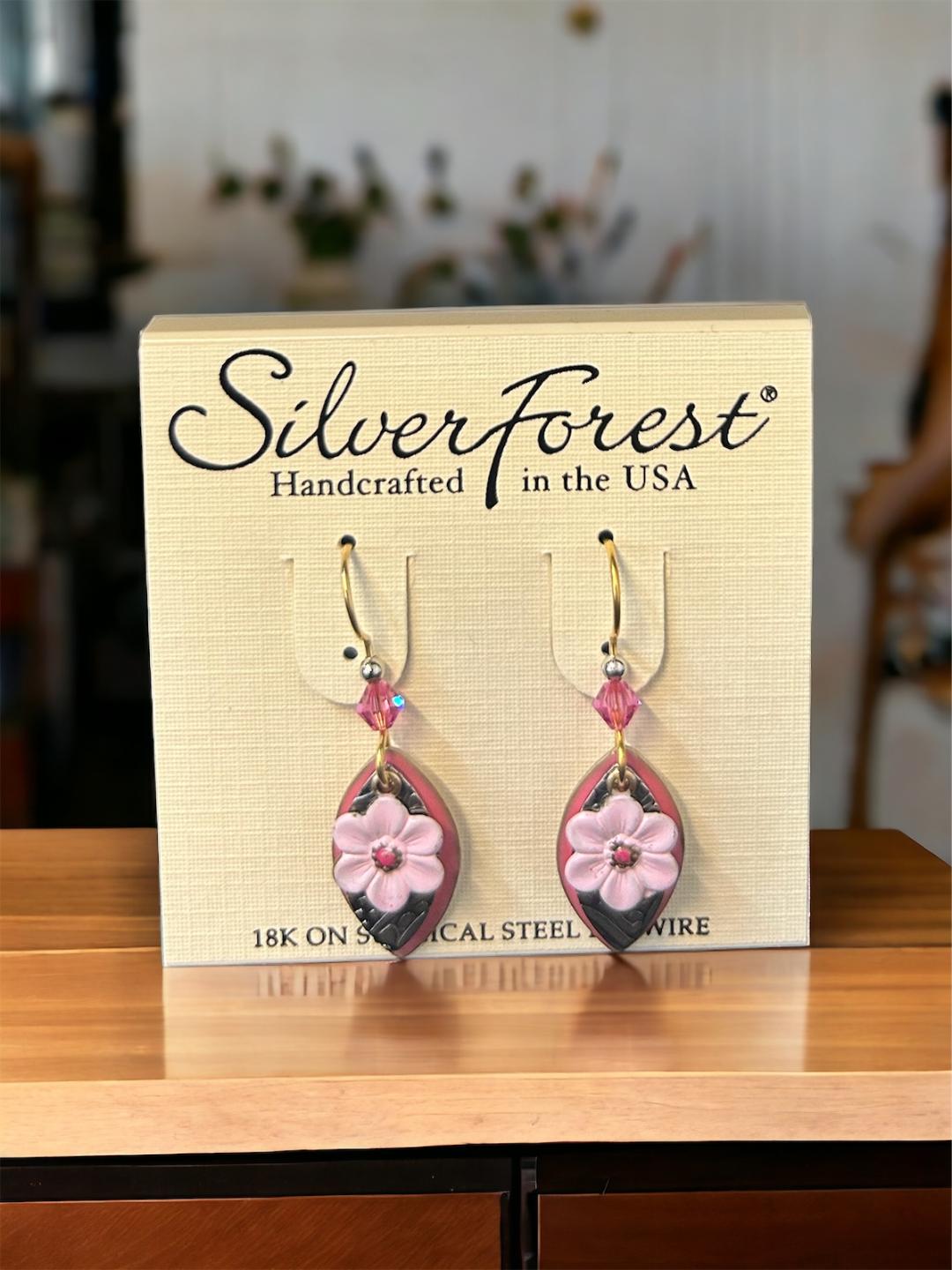 Silver Forest Layered Footballs with Purple Flower Earrings