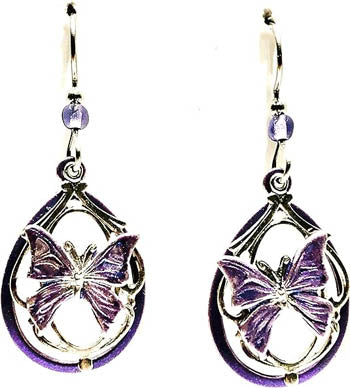 Silver Forest Purple Butterfly in Open Teardrop Earrings