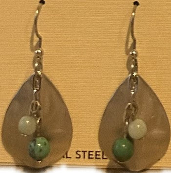 Silver Forest Gold Hammered Tear/Green & White Bead Earrings