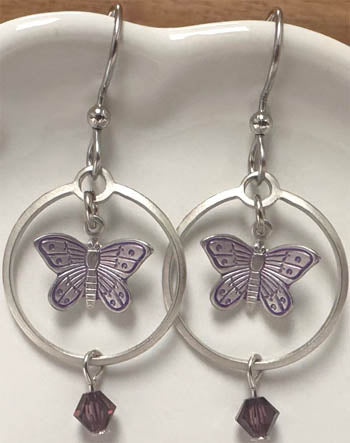 Silver Forest Lavender Butterfly in Circle Earrings