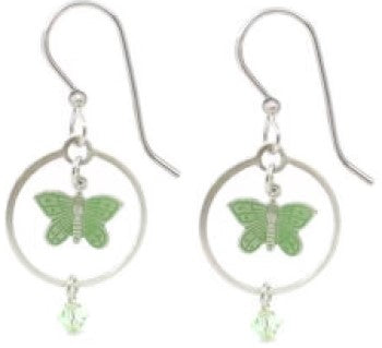 Silver Forest Green Butterfly In Loop w/Bead Earrings