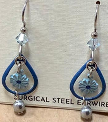 Silver Forest Blue Flower In Open Blue Teardrop Earrings