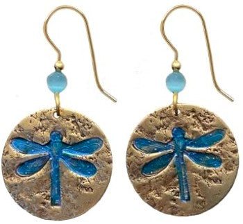 Silver Forest Dragonfly On Textured Disc Earrings