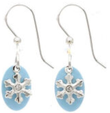 Silver Forest Snowflake on Blue Oval Earrings