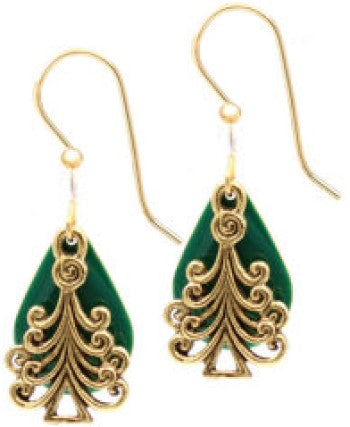 Silver Forest Gold Holiday Tree On Green Teardrop Earrings
