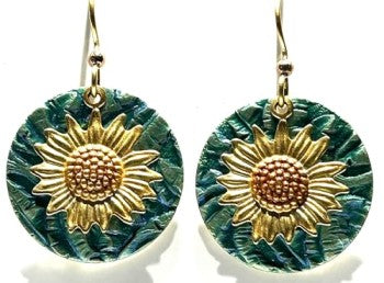 Silver Forest Sunflower on Green Textured Round Earrings