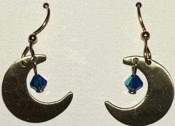 Silver Forest Gold Crescent Moon/Blue Bead Earrings