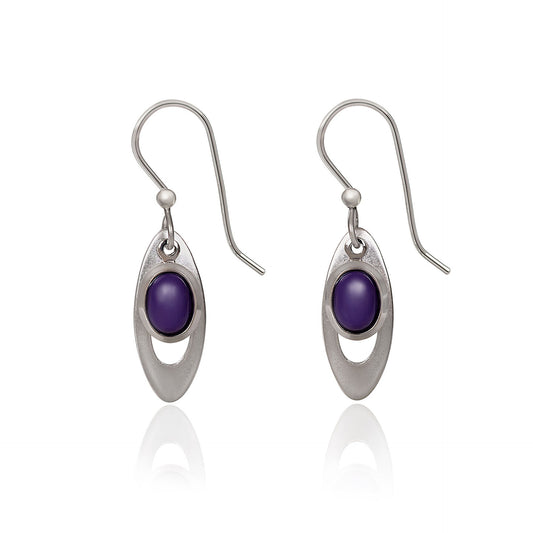 Silver Forest Open Oval and Purple Stone Earrings