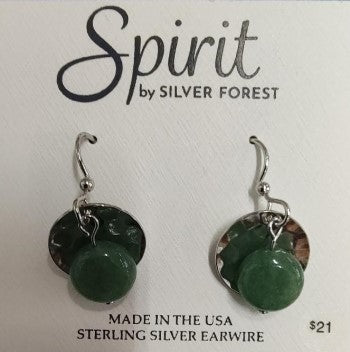 Spirit by Silver Forest Green Lentil Bead on Silver Disc Earrings