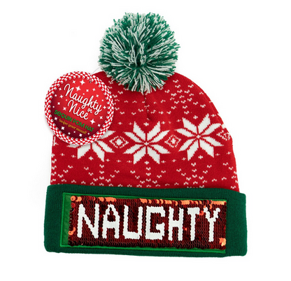 Holiday Naughty Or Nice Sequin Pom Hat