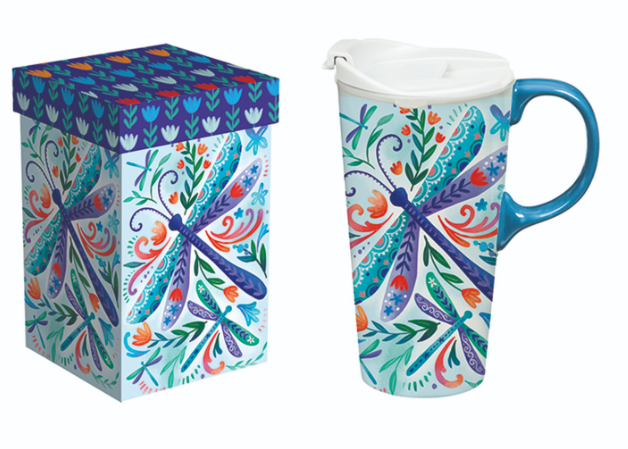 Floral Dragonfly Ceramic Travel Coffee Cup