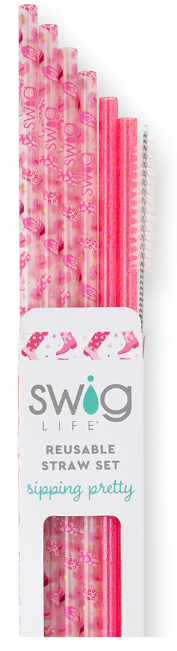Let's Go Girls Pink Glitter Reusable Straw Set