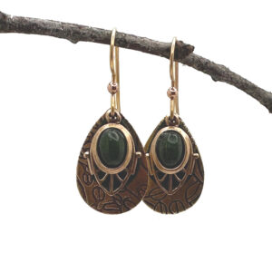 Silver Forest Teardrop w/Green Oval Stone Earrings