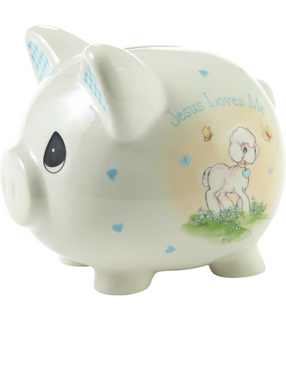 Jesus Loves Me Precious Moments Blue Piggy Bank