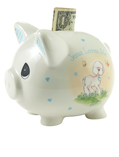 Jesus Loves Me Precious Moments Blue Piggy Bank