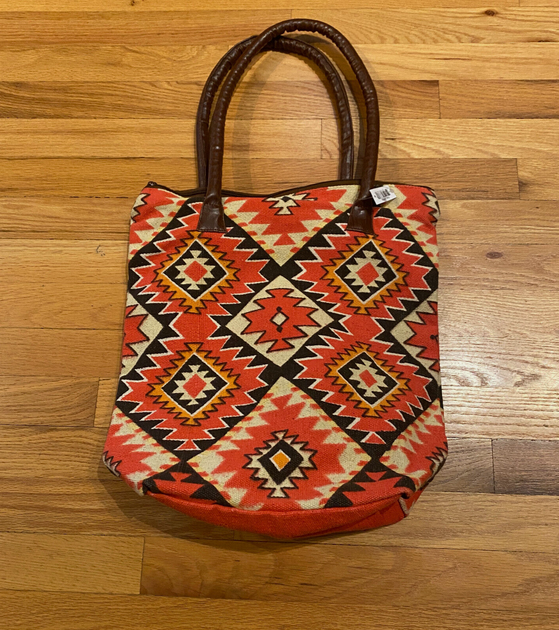 Pine Creek Navajo Knit Boho Southwestern Tote Bag Purse Lined Orange Black