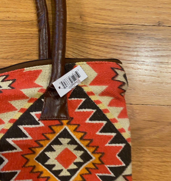 Pine Creek Navajo Knit Boho Southwestern Tote Bag Purse Lined Orange Black