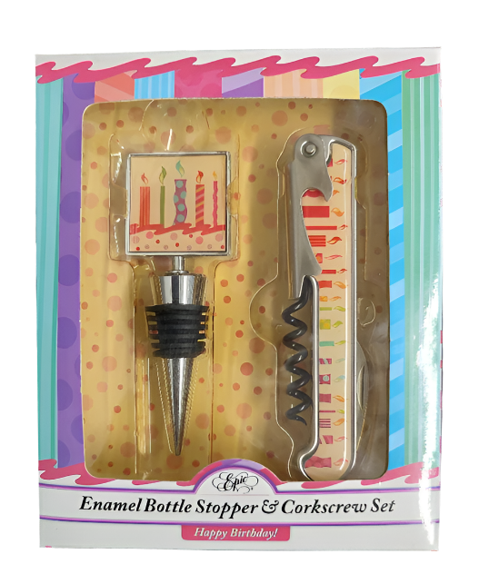 Happy Birthday Enamel Bottle Stopper & Corkscrew Set