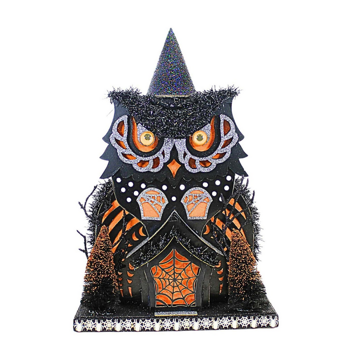 Lighted Owl House with Halloween Spiders