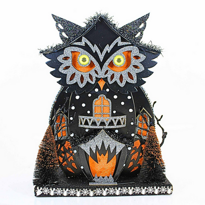 Lighted Owl House with Halloween Spiders