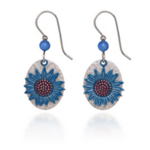 Silver Forest Cornflower On Oval Earrings