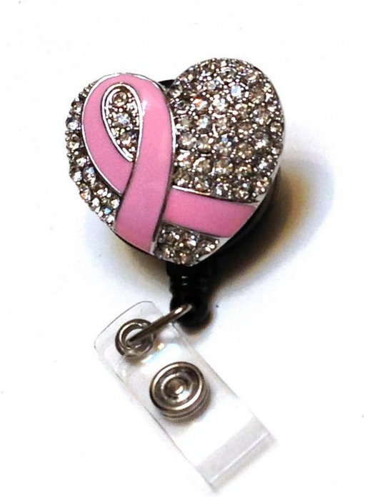Pink Ribbon Rhinestone Retractable Badge Reel