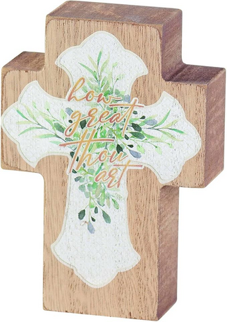 How Great Thou Art Green Foliage 4 x 3 MDF Table Top Block Cross