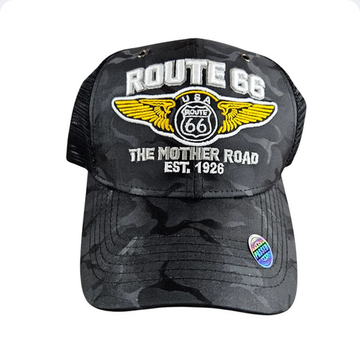 Route 66 Mother Road Wings Black Camo Trucker Mesh Cap
