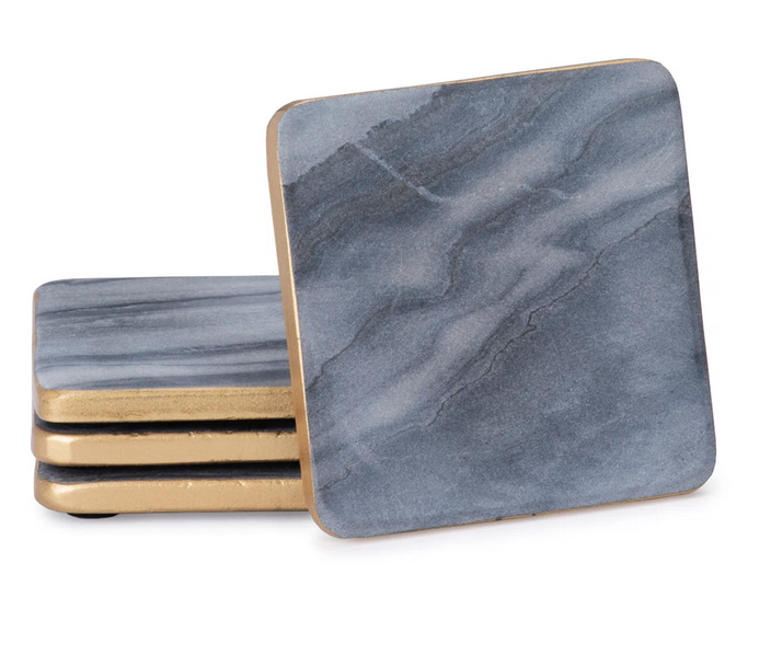 Gray Marble Square Coasters w/Gold Edge/ Set of 4