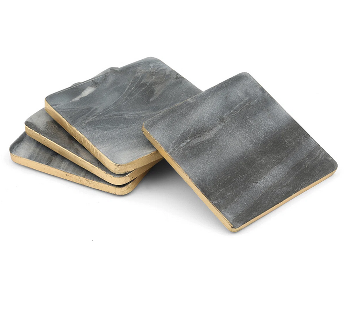 Gray Marble Square Coasters w/Gold Edge/ Set of 4