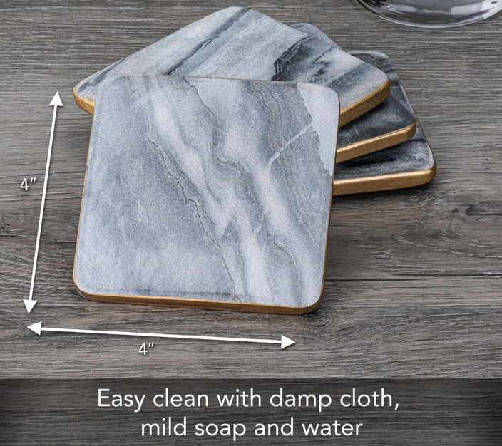 Gray Marble Square Coasters w/Gold Edge/ Set of 4