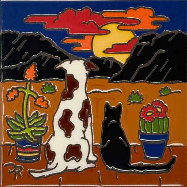 Dog and Cat Sunset View Tile/Trivet