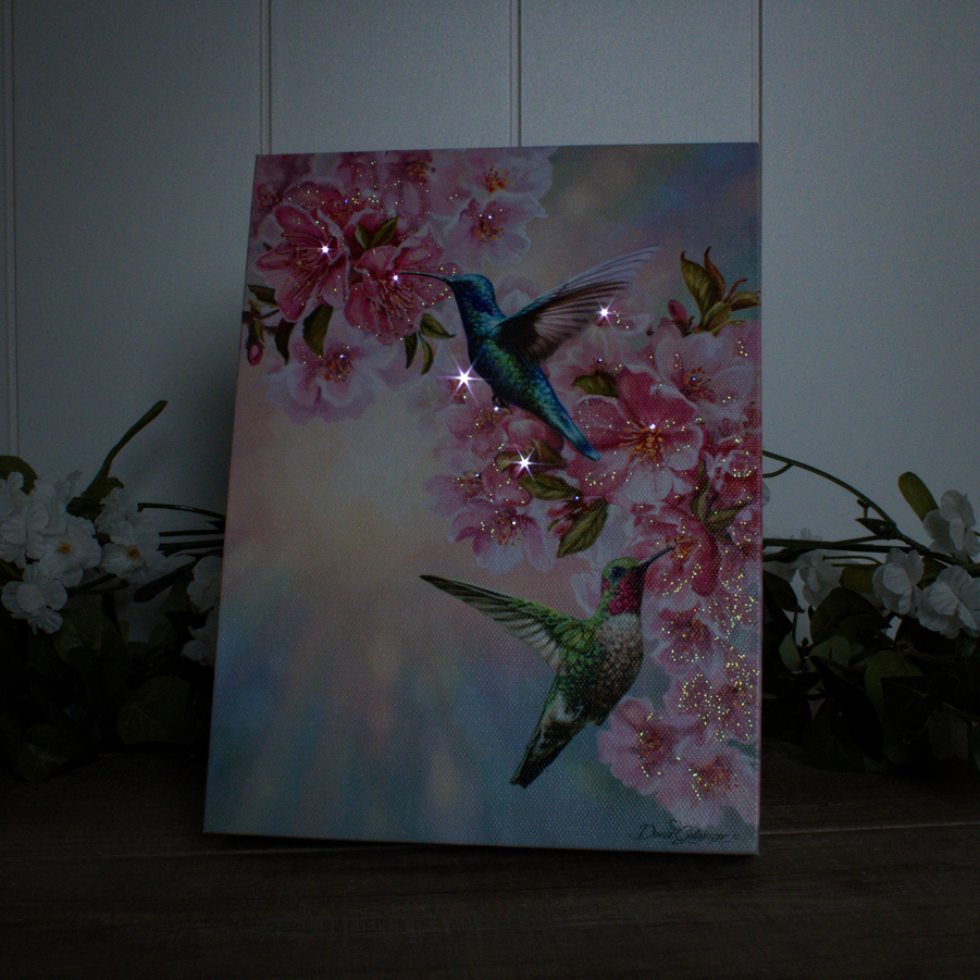 Hummingbirds In Spring Mini Lighted Tabletop Canvas