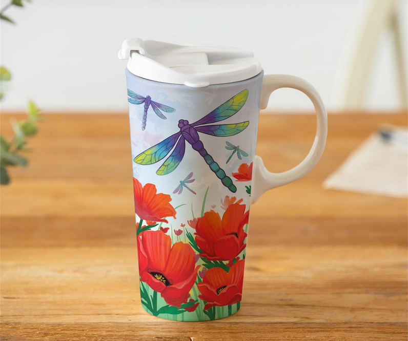 Dragonfly and Poppies 17 Oz. Travel Cup