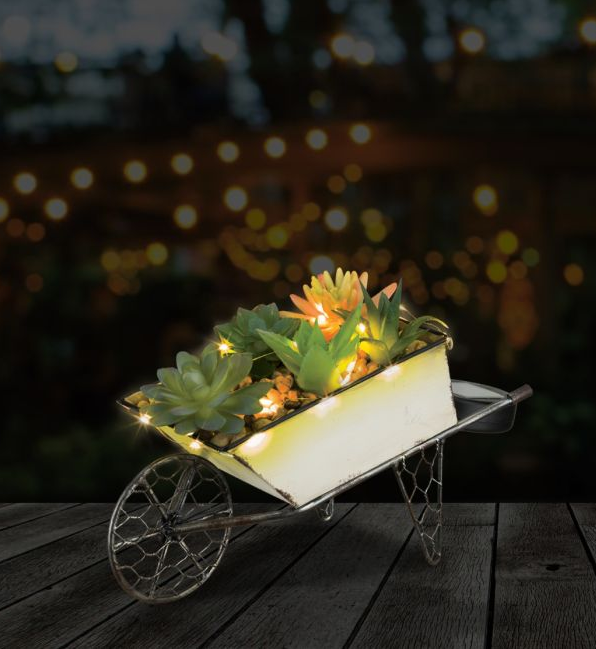 Wheelbarrow Succulent Solar Decor
