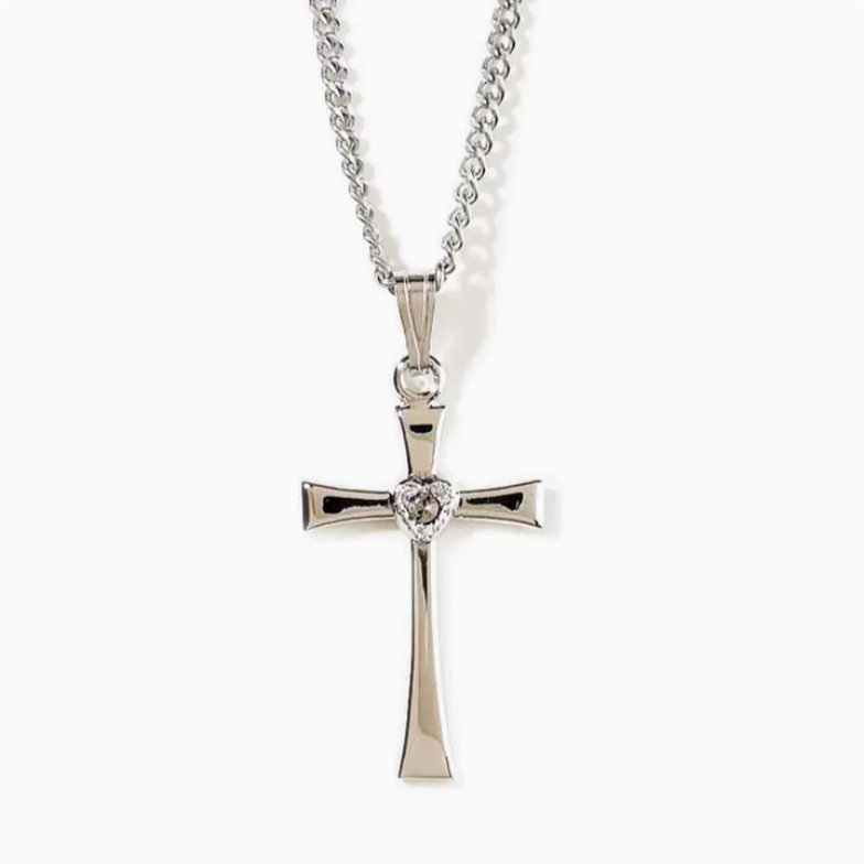 Silver Plated Cross with Heart Shaped Cz Necklace