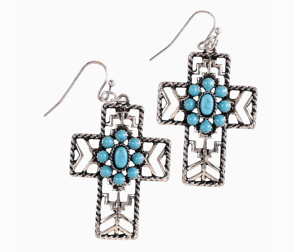 Turquoise Concho Cross Earrings