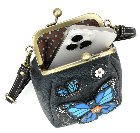 Blue Butterfly Kisslock Cellphone Crossbody