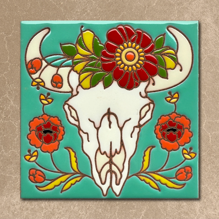 Cow Skull with Red Flowers Tile/Trivet