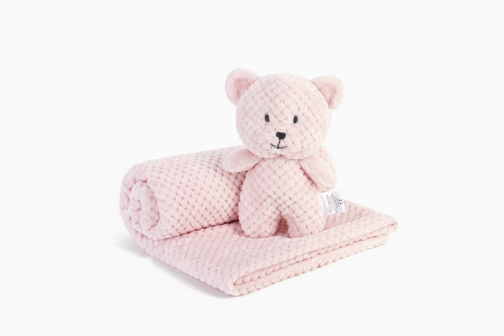 Baby Blanket with Plush Pink Bear Toy