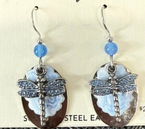Dragonfly on Cloud & Silver Oval Silver Forest Earrings