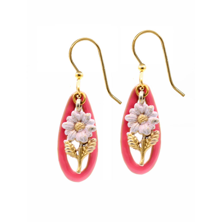 Pink Flower in Long Teardrop Silver Forest Earrings