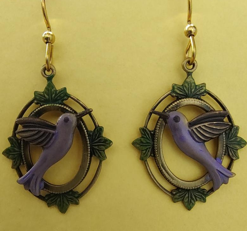 Purple Hummingbird in Vintage Frame Silver Forest Earrings