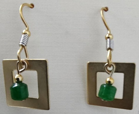 Gold Square w/Green Bead Silver Forest Earrings