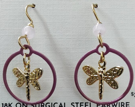Gold Dragonfly in Pink Circle Silver Forest Earrings