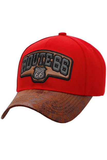 Route 66 PU Oiled Curved Bill Acrylic Baseball Cap: Red