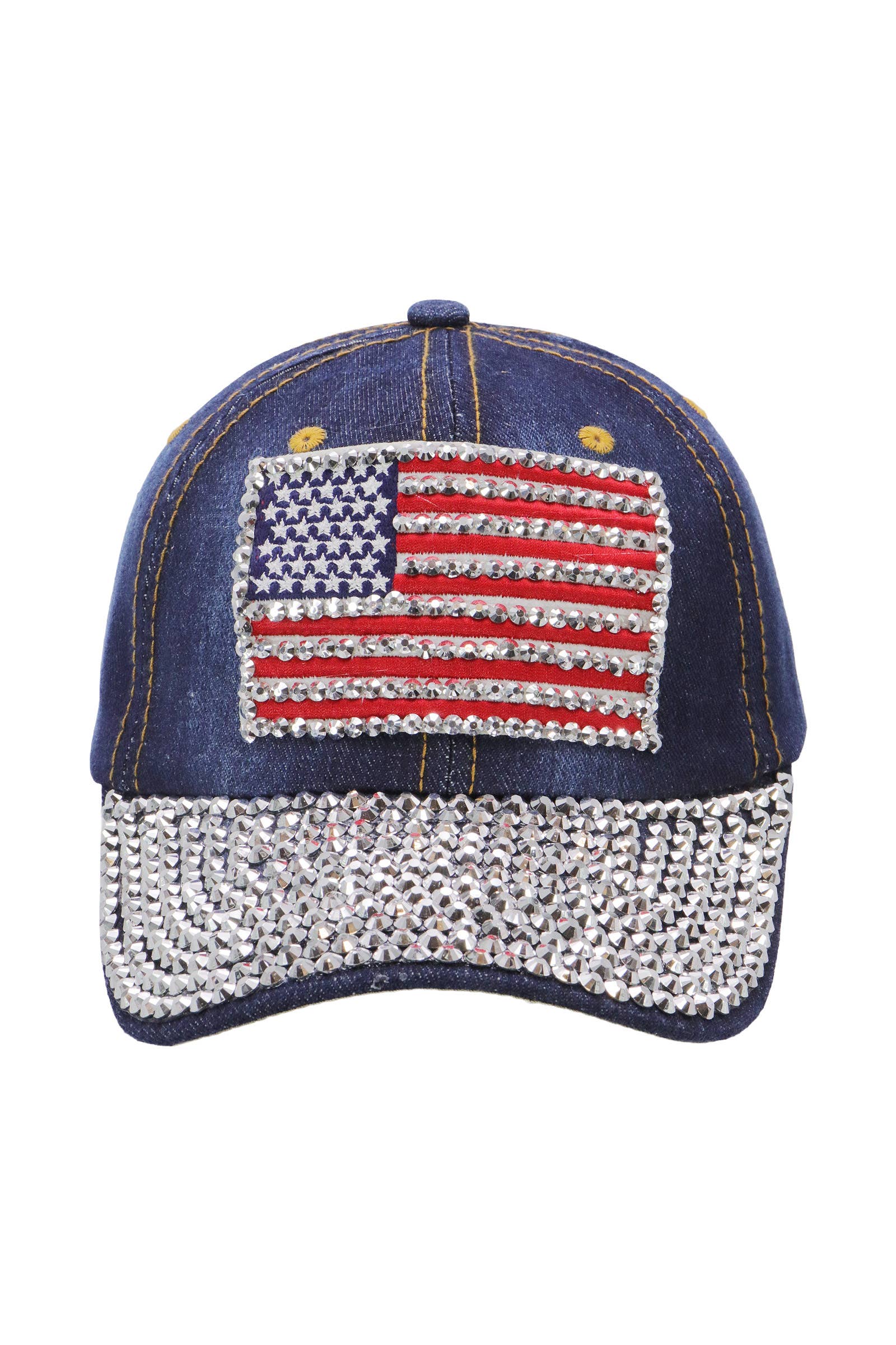 American Flag Bling Patch Denim Baseball Cap: DENIM DARK BLUE